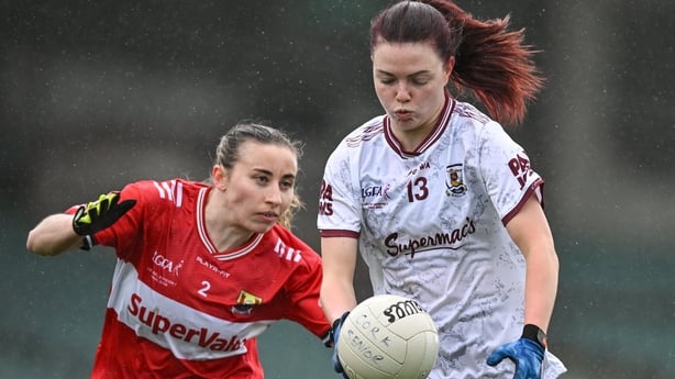 11 April 2026; Eva Noone of Galway in action against Melissa Duggan of Cork during the Lidl Ladies National Football League Division 1 final match between Cork and Galway at TUS Gaelic Grounds, Limerick. Photo by Sam Barnes/Sportsfile 