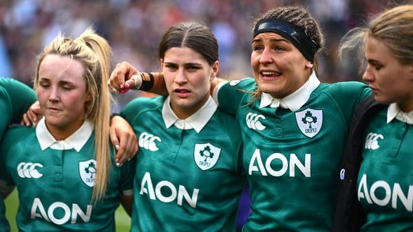 11 April 2026; Ireland captain Erin King speaks to teammates after the Women's Six Nations Rugby Championship match between England and Ireland at Allianz Stadium in Twickenham, England. Photo by Shauna Clinton/Sportsfile