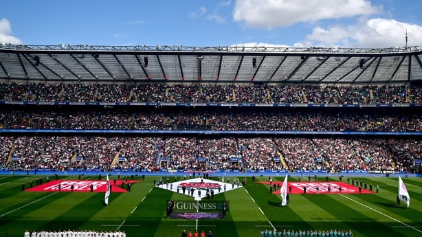 11 April 2026; Both teams line up for the anthems before the Women's Six Nations Rugby Championship match between England and Ireland at Allianz Stadium in Twickenham, England. Photo by Tyler Miller/Sportsfile