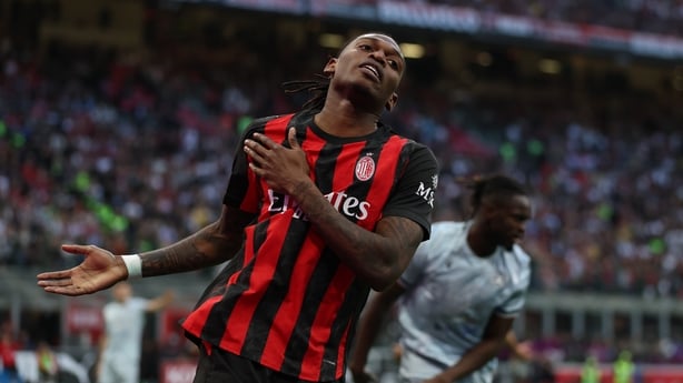 Rafael Leao of Milan reacts during the Serie A match between AC Milan and Udinese Calcio at Giuseppe Meazza Stadium on April 11, 2026 in Milan, Italy. 