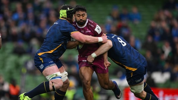 Rekeiti Ma'asi-White of Sale Sharks is tackled by Joe McCarthy and Jack Conan of Leinster during the Investec Champions Cup quarter-final match between Leinster and Sale Sharks at the Aviva Stadium in Dublin.