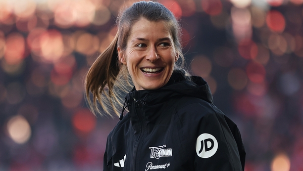 Marie-Louise Eta, Interim Head Coach of 1.FC Union Berlin, looks on during the warm up prior to the Bundesliga match between 1. FC Union Berlin and SV Darmstadt 98 at An der Alten Foersterei on January 28, 2024 in Berlin, Germany.