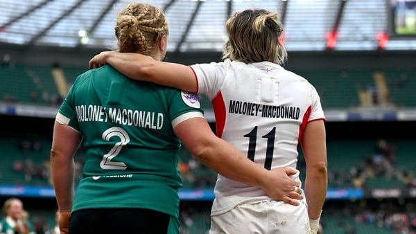Cliodhna Moloney-MacDonald of Ireland and Claudia Moloney-MacDonald of England after the Women's Six Nations Rugby Championship match between England and Ireland at Allianz Stadium in Twickenham, England.