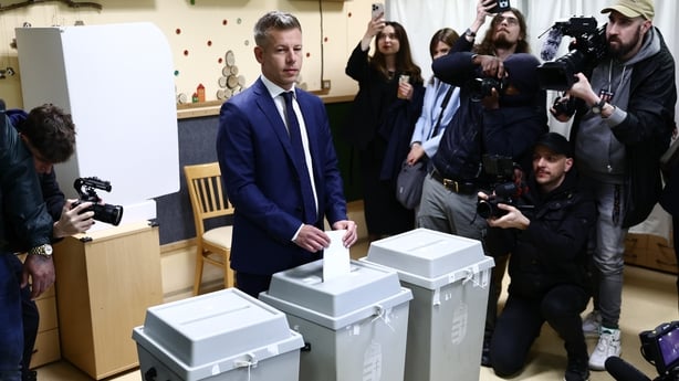 Peter Magyar votes in the parliamentary election in Budapest