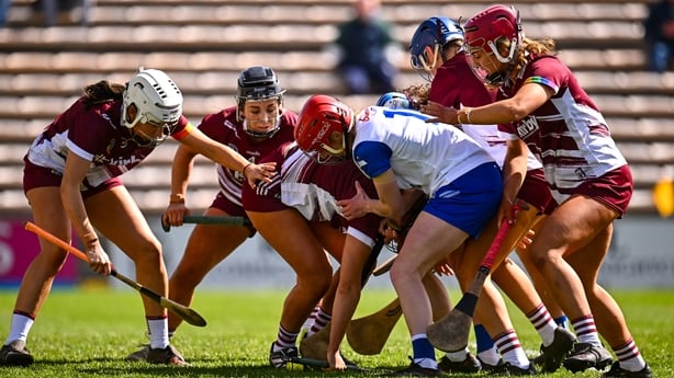 12 April 2026; Players battle for possession during the Centra National Camogie League Division 1A final match between Waterford and Galway at UPMC Nowlan Park in Kilkenny. Photo by Piaras Ó Mídheach/Sportsfile