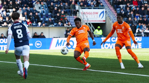 FALKIRK, SCOTLAND - APRIL 12: Tochi Chukwuani of Rangers scores his team's first goal during the William Hill Premiership match between Falkirk and Rangers at Falkirk Stadium on April 12, 2026 in Falkirk, Scotland. (Photo by Zak Mauger/Getty Images)