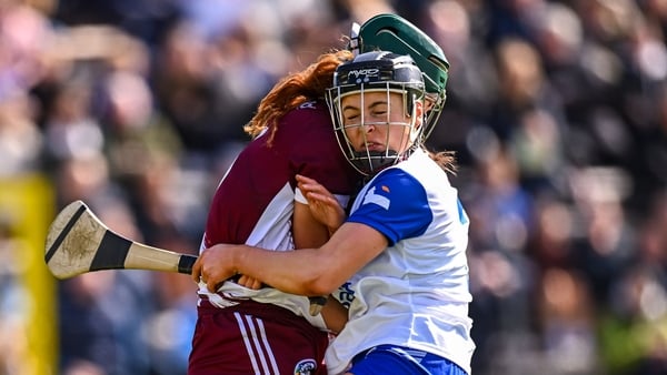 12 April 2026; Róisín Black of Galway meets Keeley Corbett Barry of Waterford with a shoulder during the Centra National Camogie League Division 1A final match between Waterford and Galway at UPMC Nowlan Park in Kilkenny. Photo by Piaras Ó Mídheach/Sports