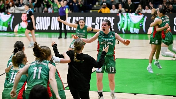 Franciska Treiliha of Trinity Meteors celebrates at full-time after the Basketball Ireland Women's Superleague final match between Trinity Meteors and UCC Glanmire at the National Basketball Arena in Tallaght, Dublin.