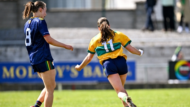 Leah Fox of Leitrim celebrates after scoring her side's first goal during the Lidl Ladies National Football League Division 4 final match between Carlow and Leitrim at Grant Heating St. Brendan's Park in Birr, Offaly.