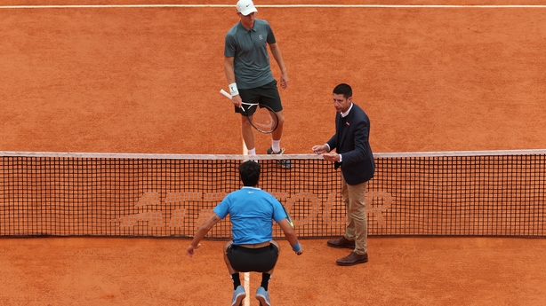 MONTE-CARLO, MONACO - APRIL 12: Carlos Alcaraz of Spain and Jannik Sinner of Italy speak with the referee at the net ahead of the Men's Singles Final during day eight of the Rolex Monte-Carlo Masters at Monte-Carlo Country Club on April 12, 2026 in Monte-Carlo, Monaco. (Photo by Julian Finney/Getty 