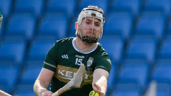 28 March 2026; Michael Slattery of Kerry gathers possession ahead of Aidan Corby of Laois during the Allianz Hurling League Division 2 final match between Laois and Kerry at Laois Hire O'Moore Park in Portlaoise, Laois. Photo by Brendan Moran/Sportsfile