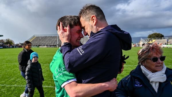 12 April 2026; Leitrim manager Steven Poacher and Jack Kelly of Leitrim celebrate after the Connacht GAA Football Senior Championship quarter-final match between Sligo and Leitrim at Markievicz Park in Sligo. Photo by Tyler Miller/Sportsfile