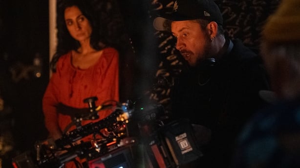 (L-R) Actress Hayat Kamille and writer-director Lee Cronin on the set of Lee Cronin's The Mummy