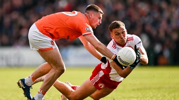 12 April 2026; Conn Kilpatrick of Tyrone in action against Greg McCabe of Armagh during the Ulster GAA Football Senior Championship Preliminary Round match between Armagh and Tyrone at BOX-IT Athletic Grounds in Armagh. Photo by Ramsey Cardy/Sportsfile