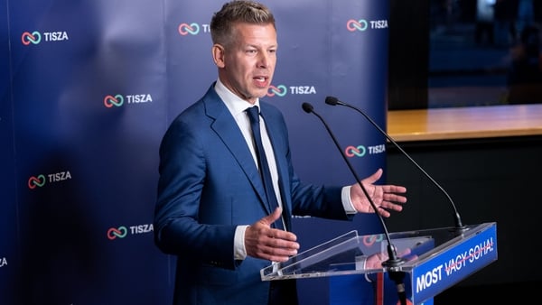 BUDAPEST, HUNGARY - APRIL 12: Peter Magyar, lead candidate of the Tisza party, speaks to the media after polling stations closed during Hungarian parliamentary elections on April 12, 2026 in Budapest, Hungary. Magyar, who has gone into the election with a