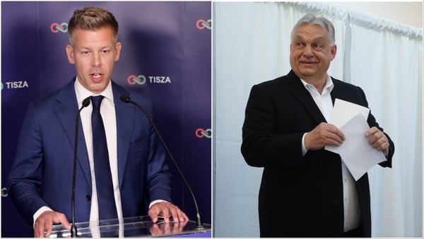 Peter Magyar, left, said Viktor Orbán, right, has conceded defeat in the Hungarian election