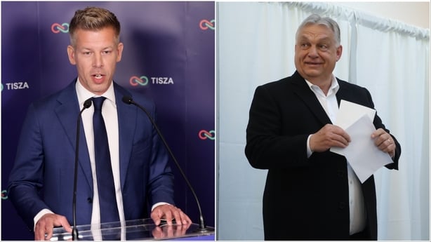 Peter Magyar, left, said Viktor Orbán, right, has conceded defeat in the Hungarian election