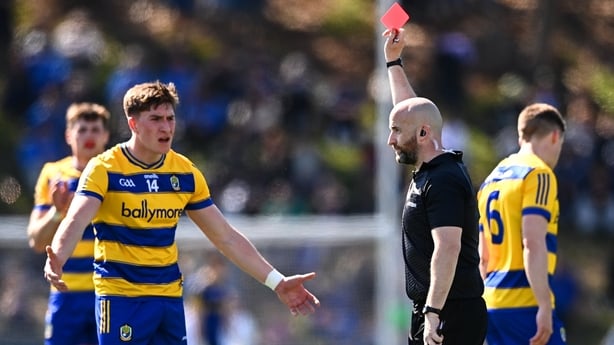 Referee Brendan Cawley issues a red card to Daire Cregg of Roscommon, 14, during the Connacht GAA Football Senior Championship quarter-final match between New York and Roscommon at Gaelic Park in New York, USA.