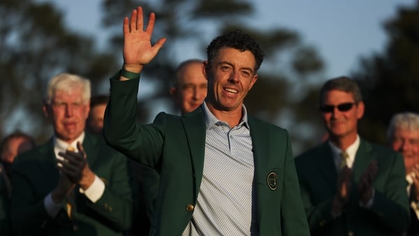 AUGUSTA, GEORGIA - APRIL 12: Rory McIlroy of Northern Ireland reacts after being awarded the Green Jacket during the Green Jacket Ceremony after winning the final round of the 2026 Masters Tournament at Augusta National Golf Club on April 12, 2026 in Augu