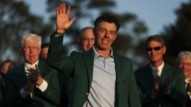AUGUSTA, GEORGIA - APRIL 12: Rory McIlroy of Northern Ireland reacts after being awarded the Green Jacket during the Green Jacket Ceremony after winning the final round of the 2026 Masters Tournament at Augusta National Golf Club on April 12, 2026 in Augusta, Georgia. (Photo by Andrew Redington/Gett