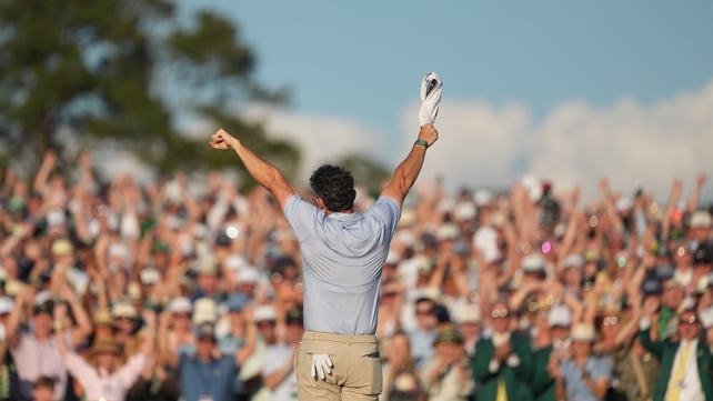 Rory McIlroy reacts on the 18th green during the final round of Masters