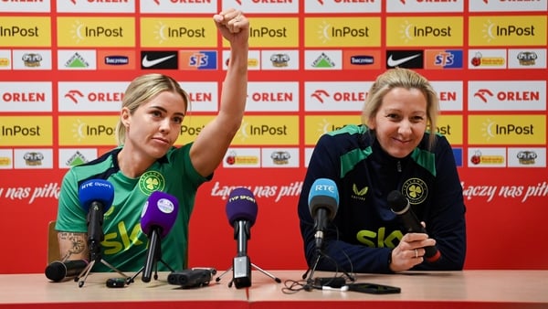 Denise O’Sullivan and head coach Carla Ward during a Republic of Ireland media conference at Polsat Plus Arena in Gdansk, Poland.