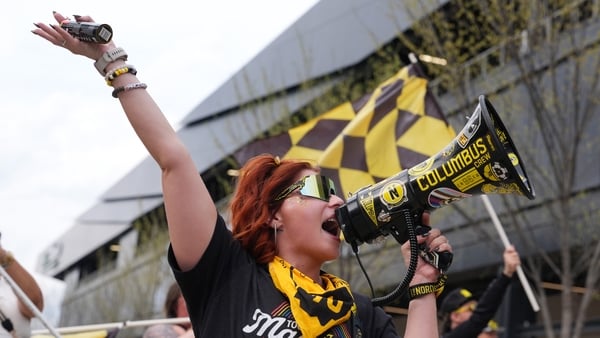 COLUMBUS, OHIO - APRIL 12: A fan of Columbus Crew chants with a megaphone outside the stadium prior to the MLS match between Columbus Crew and Orlando City SC at ScottsMiracle-Gro Field on April 12, 2026 in Columbus, Ohio. (Photo by Jason Mowry/MLS via Ge