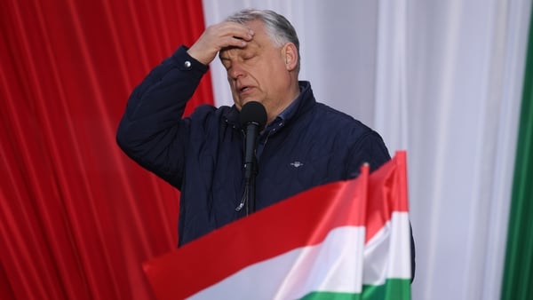 viktor orban puts his hand to his head with hungarian flags in front of him