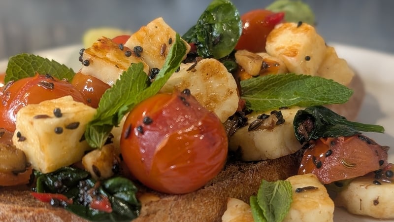 Arun's hot honey halloumi & panch phoron tomatoes