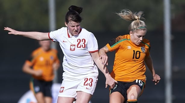 16 February 2022; Denise O'Sullivan of Republic of Ireland in action against Adriana Achcinska of Poland during the Pinatar Cup match between Republic of Ireland and Poland at La Manga in Murcia, Spain. Photo by Silvestre Szpylma/Sportsfile