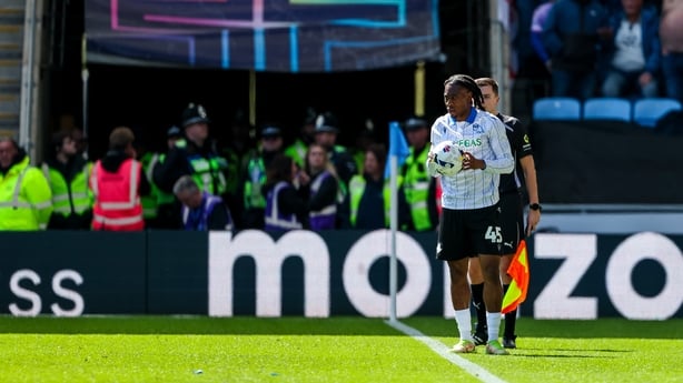 Tayo Adaramola of Sheffield Wednesday prepares to take a throw-in during the Sky Bet Championship match between Coventry City and Sheffield Wednesday at the Coventry Building Society Arena in Coventry, United Kingdom, on April 11, 2026.