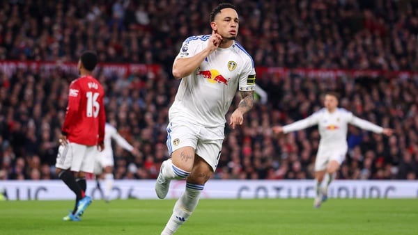 MANCHESTER, ENGLAND - APRIL 13: Noah Okafor of Leeds United celebrates scoring his team's first goal during the Premier League match between Manchester United and Leeds United at Old Trafford on April 13, 2026 in Manchester, England. (Photo by Carl Recine