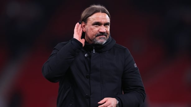 MANCHESTER, ENGLAND - APRIL 13: Leeds United manager Daniel Farke cups his ear to the fans as he celebrates after the Premier League match between Manchester United and Leeds United at Old Trafford on April 13, 2026 in Manchester, United Kingdom. (Photo by Simon Stacpoole/Offside/Offside via Getty I