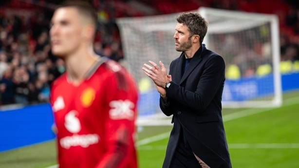 MANCHESTER, ENGLAND - APRIL 13: Interim Manager Michael Carrick of Manchester United applauds the fans after the Premier League match between Manchester United and Leeds United at Old Trafford on April 13, 2026 in Manchester, England. (Photo by Ash Donelon/Manchester United via Getty Images)