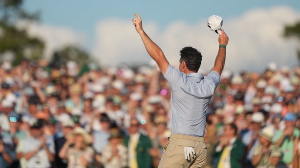 Rory McIlroy of Northern Ireland reacts on the 18th green during the final round of Masters Tournament at Augusta National Golf Club on April 12, 2026 in Augusta, Georgia. 