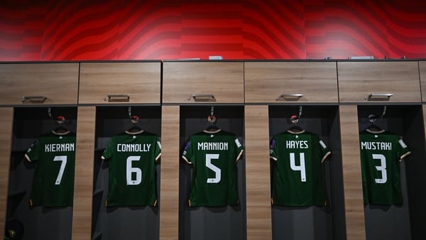 The jerseys of, from left, Leanne Kiernan, Megan Connolly, Aoife Mannion, Caitlin Hayes and Chloe Mustaki hang in the Republic of Ireland dressing room before the 2027 FIFA Women’s World Cup Qualifier match between Poland and Republic of Ireland at Polsat