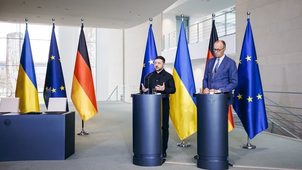BERLIN, GERMANY - APRIL 14: Friedrich Merz (CDU), Federal Chancellor, and Volodymyr Zelensky, President of Ukraine, hold a press conference at the Federal Chancellery as part of the German-Ukrainian government consultations, on April 14, 2026 in Berlin, Germany.. (Photo by Felix Zahn/Photothek via