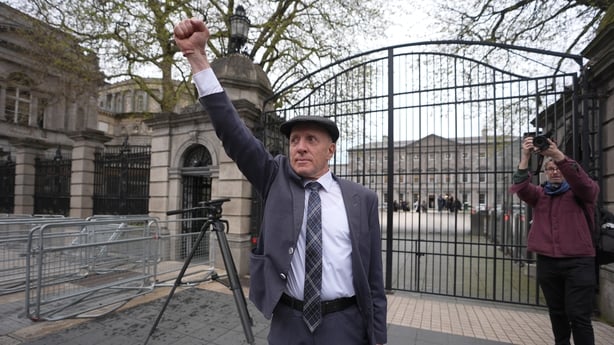 Independent TD Michael Healy-Rae waves to the crowds gathered outside Leinster House, Dublin, after resigning in the Dail as Minister of State. The Dail has returned today from the Easter break, which has been marked by fuel-cost protests and the announcement of a 500 million euro package of support