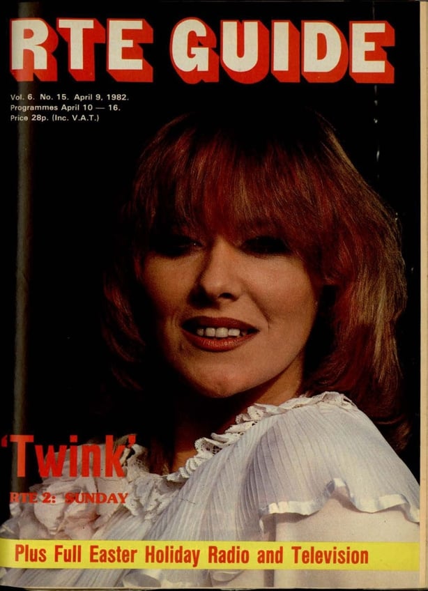 RTÉ guide cover shows Twink, a white woman with a red bobbed haircut