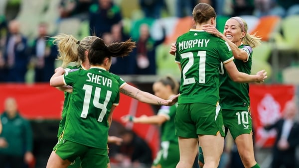 Emily Murphy of Republic of Ireland, 21, celebrates with team-mate Denise O’Sullivan, right, after scoring her side's first goal during the 2027 FIFA Women’s World Cup Qualifier match between Poland and Republic of Ireland at Polsat Plus Arena in Gdansk,