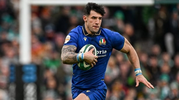 14 February 2026; Tommaso Menoncello of Italy during the Guinness 6 Nations Rugby Championship match between Ireland and Italy at the Aviva Stadium in Dublin. Photo by Ramsey Cardy/Sportsfile