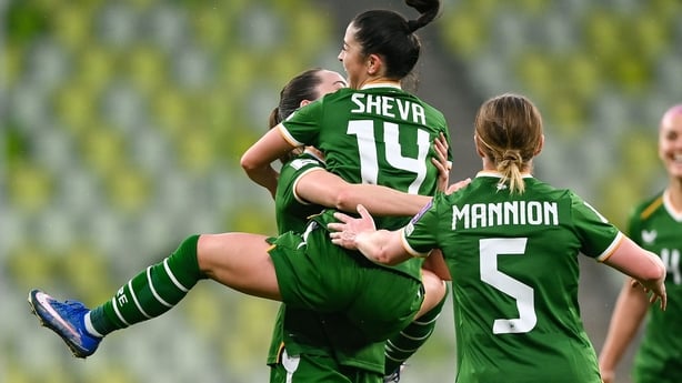 Marissa Sheva of Republic of Ireland, 14, celebrates with team-mate Anna Patten after scoring their side's third goal during the 2027 FIFA Women's World Cup Qualifier match between Poland and Republic of Ireland at Polsat Plus Arena in Gdansk, Poland. Photo by Stephen McCarthy/Sportsfile