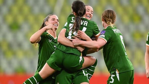 Marissa Sheva of Republic of Ireland, centre, celebrates with team-mates after scoring their side's third goal during the 2027 FIFA Women’s World Cup Qualifier match between Poland and Republic of Ireland at Polsat Plus Arena in Gdansk, Poland.