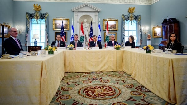 Marco Rubio (C), accompanied by US State Department Counselor Michael Needham (C-L), US Ambassador to Lebanon Michel Issa (C-R), Lebanese Ambassador to the US Nada Hamadeh Moawad (R) and Israeli Ambassador to the US Yechiel Leiter (L), speaks at the star