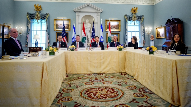  Marco Rubio (C), accompanied by US State Department Counselor Michael Needham (C-L), US Ambassador to Lebanon Michel Issa (C-R), Lebanese Ambassador to the US Nada Hamadeh Moawad (R) and Israeli Ambassador to the US Yechiel Leiter (L), speaks at the start of working-level peace talks at the US Stat