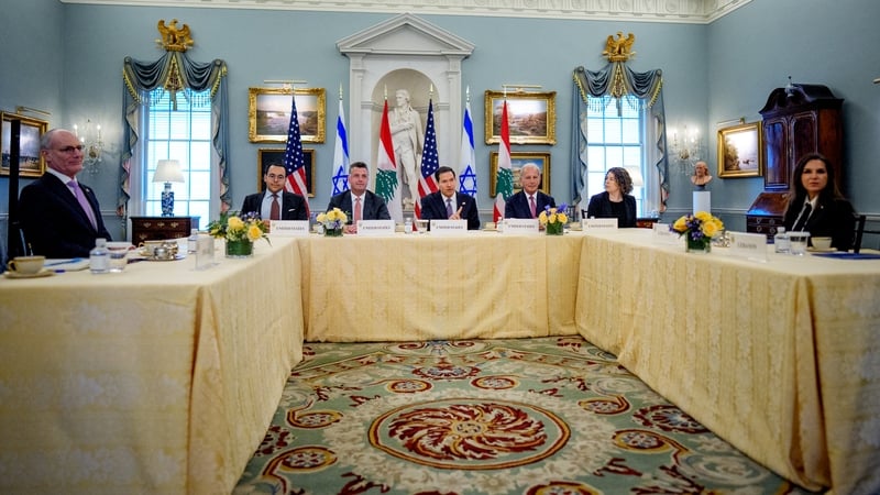 Marco Rubio (C), accompanied by US State Department Counselor Michael Needham (C-L), US Ambassador to Lebanon Michel Issa (C-R), Lebanese Ambassador to the US Nada Hamadeh Moawad (R) and Israeli Ambassador to the US Yechiel Leiter (L), speaks at the star