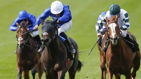 NEWMARKET, ENGLAND - APRIL 14: William Buick riding Talk Of New York (white cap) win The Federation Of Bloodstock Agents EBF Conditions Stakes at Newmarket Racecourse on April 14, 2026 in Newmarket, England. (Photo by Alan Crowhurst/Getty Images)