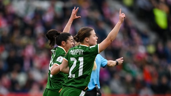 Emily Murphy of Republic of Ireland, right, celebrates with teammate Marissa Sheva after scoring her side's first goal during the 2027 FIFA Women’s World Cup Qualifier match between Poland and Republic of Ireland at Polsat Plus Arena in Gdansk, Poland.