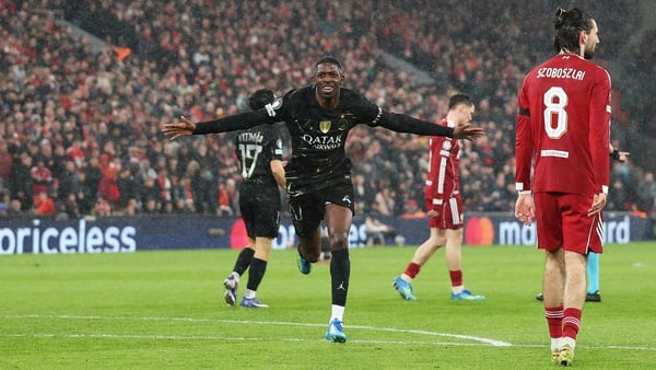 LIVERPOOL, ENGLAND - APRIL 14: Ousmane Dembele of Paris Saint-Germain celebrates scoring his team's first goal during the UEFA Champions League 2025/26 Quarter-Final Second Leg match between Liverpool FC and Paris Saint-Germain FC at Anfield on April 14,