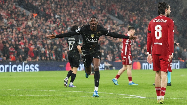 LIVERPOOL, ENGLAND - APRIL 14: Ousmane Dembele of Paris Saint-Germain celebrates scoring his team's first goal during the UEFA Champions League 2025/26 Quarter-Final Second Leg match between Liverpool FC and Paris Saint-Germain FC at Anfield on April 14, 2026 in Liverpool, England. (Photo by Michael